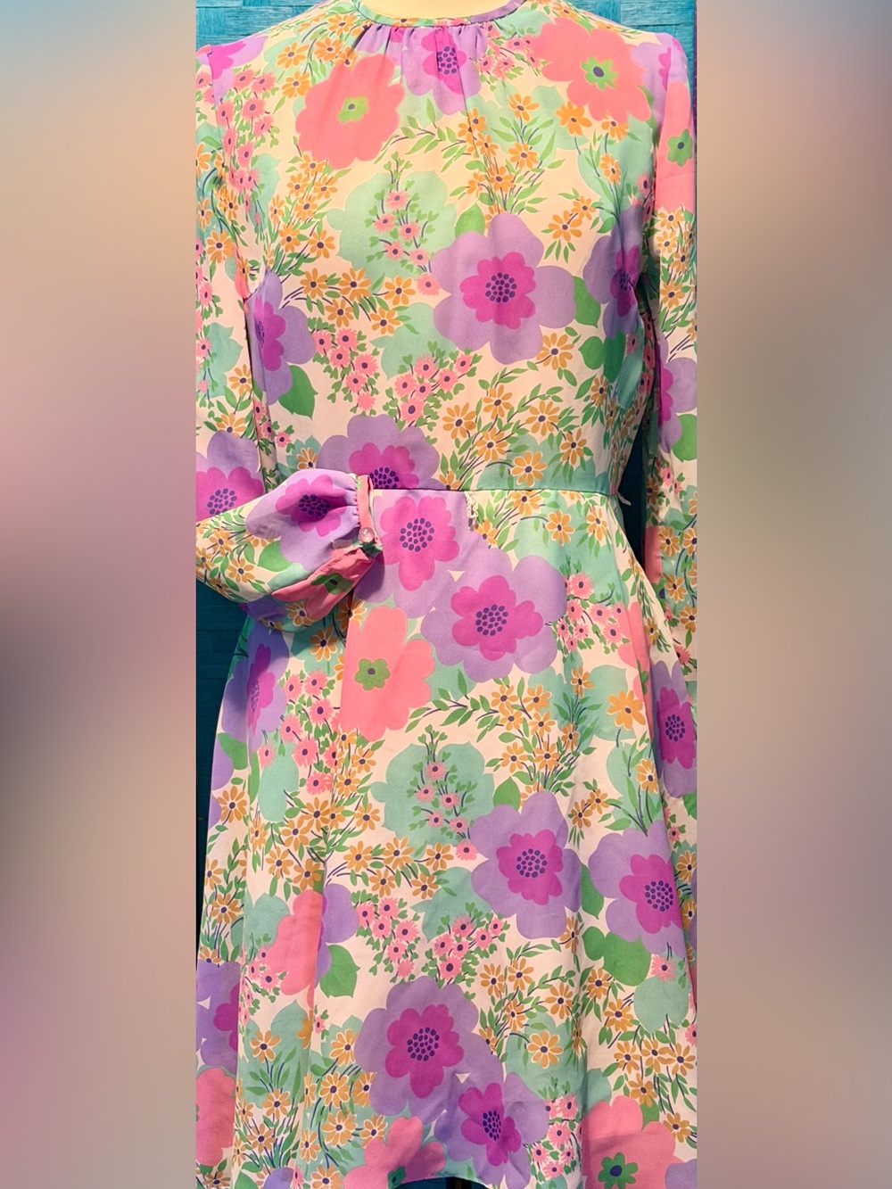 Vintage St. Michael 60s 70s Mod Flower Dress Long Sleeve Pastel Multi